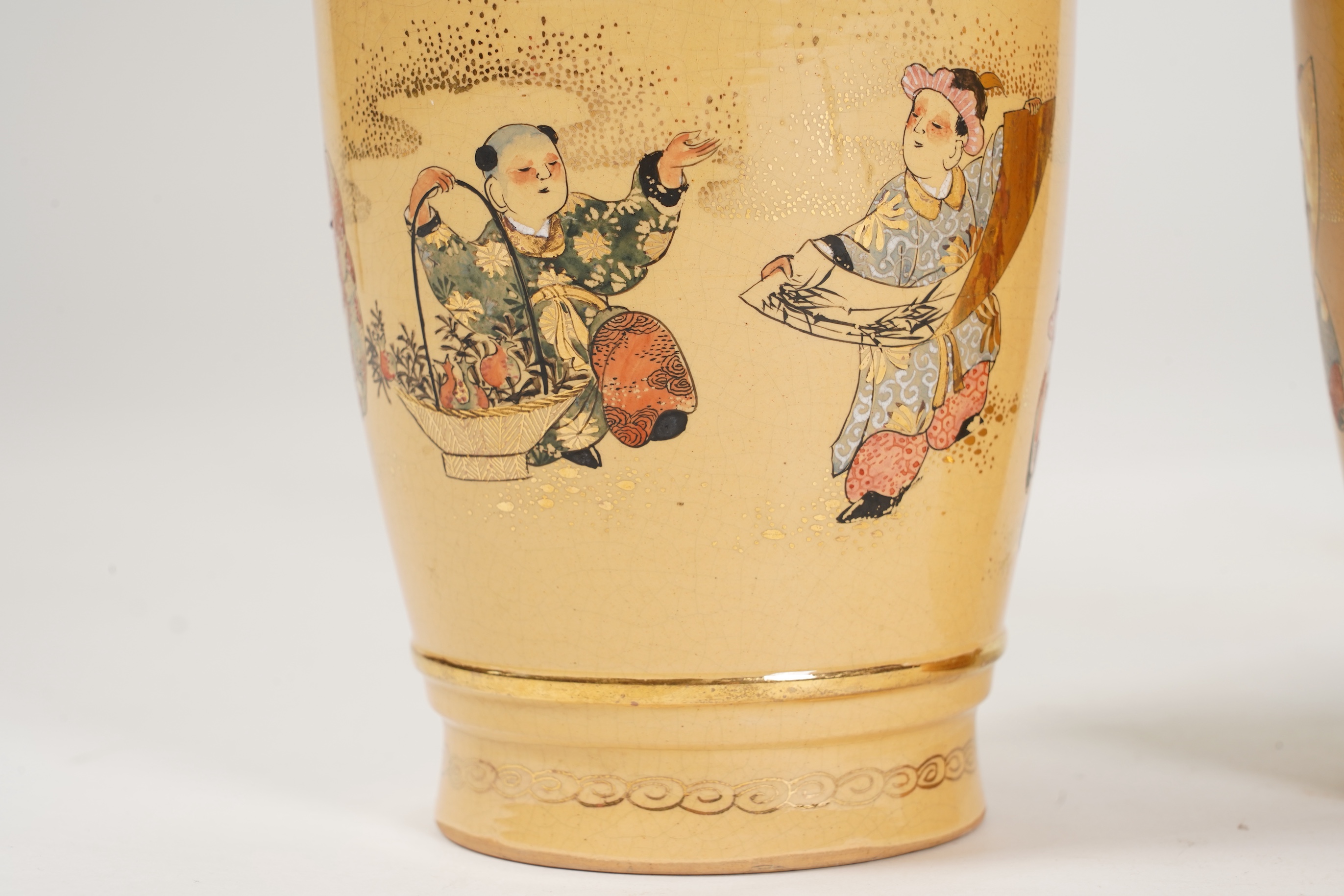 A rare pair of Japanese Satsuma lustre glazed vases, signed Fukumara, Meiji period